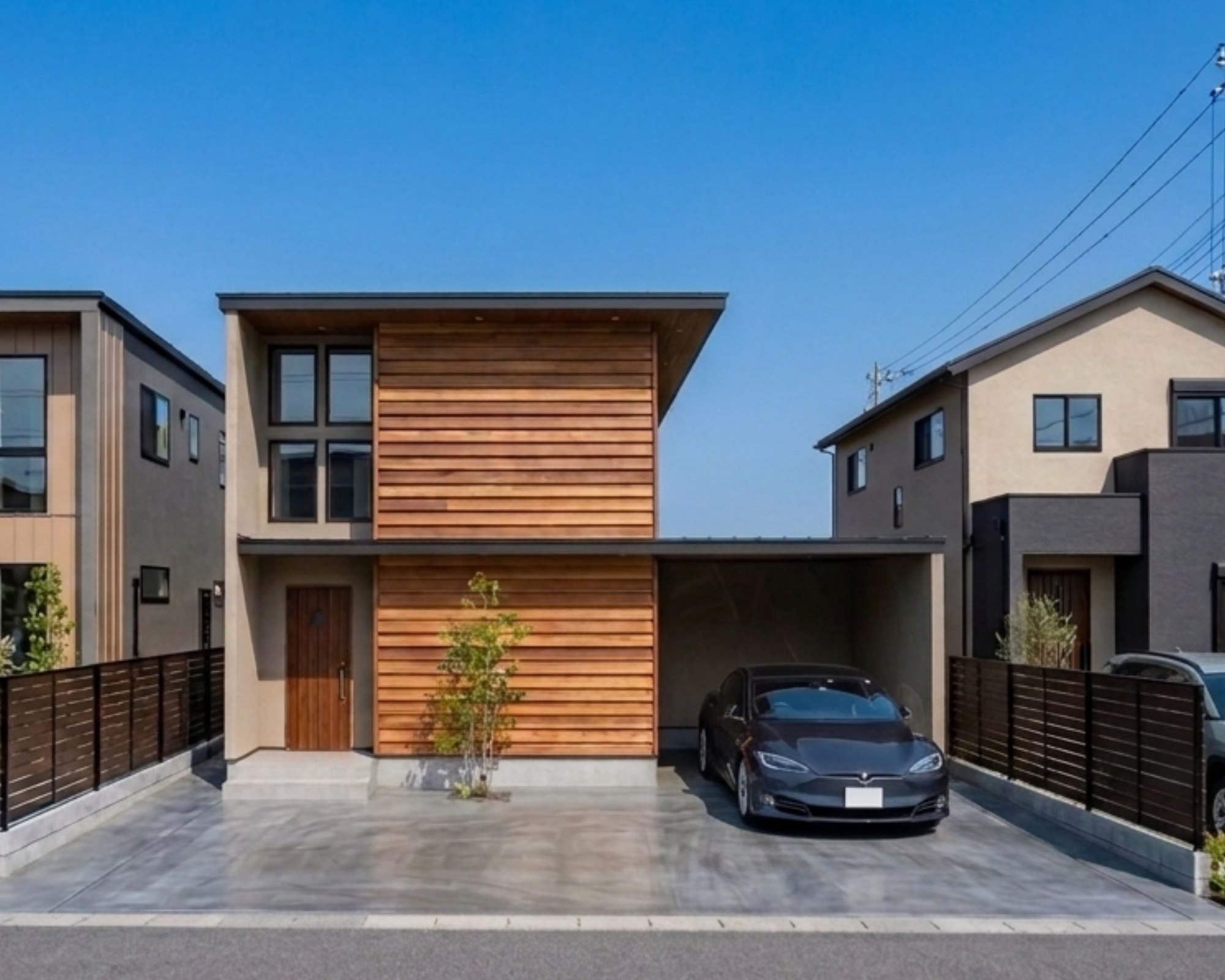 温もりと洗練の調和とオープンガレージ